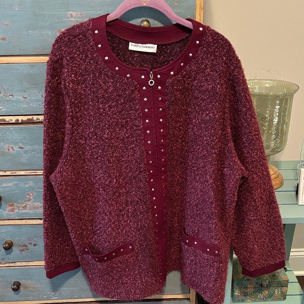 Cathy Daniels Women's Deep Red/Burgundy front zip Cardigan sz 3x